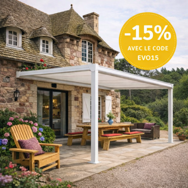 Pergola toile enroulable motorisée radio sur-mesure Evo aluminium 1 module 2 poteaux accroche murale