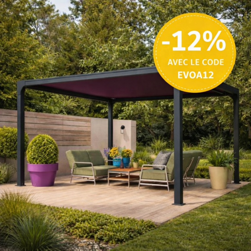 Pergola toile enroulable motorisée radio sur-mesure Evo aluminium 1 module 4 poteaux autoportée