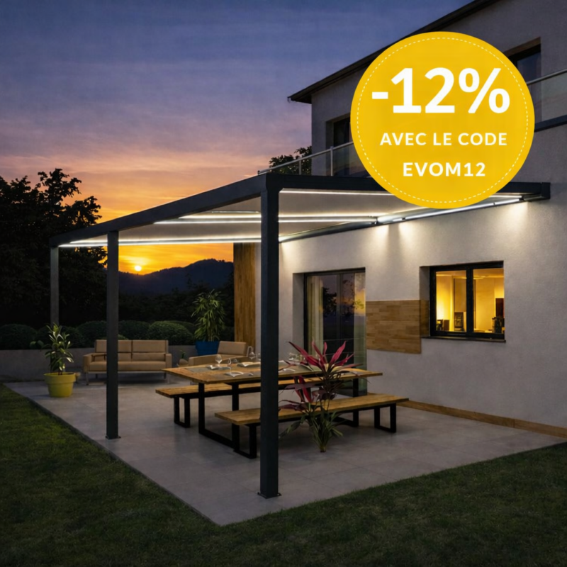 Pergola toile enroulable motorisée radio sur-mesure Evo Max aluminium 2 modules 3 poteaux accroche murale