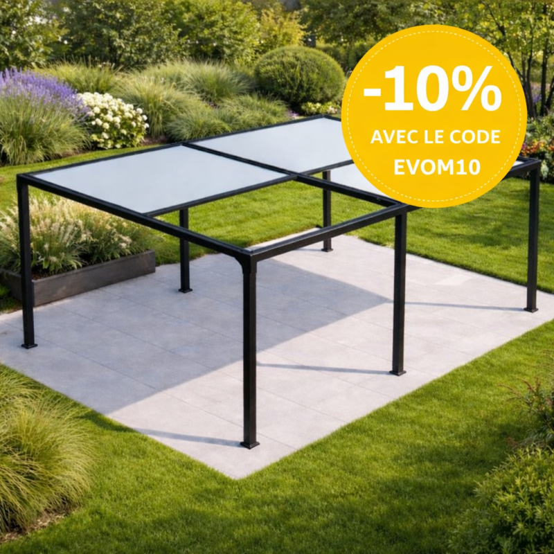 Pergola toile enroulable motorisée radio sur-mesure Evo Max aluminium 2 modules 6 poteaux autoportée