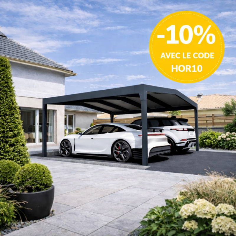 Carport aluminium autoportée Horizon Double pente toiture Pergotop 32mm blanc