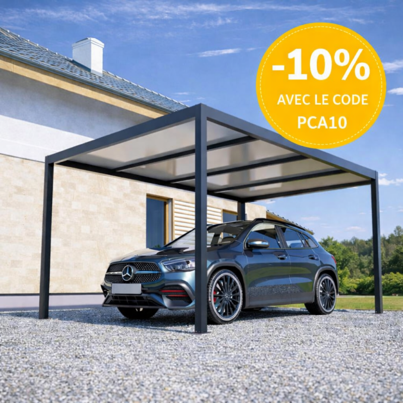 Carport aluminium ProtecCover toiture pergotop 16mm blanc autoportée 4 poteaux