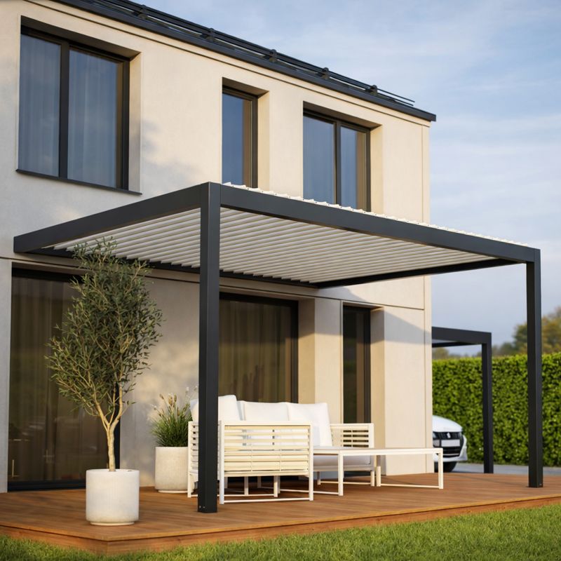 Pergola bioclimatique aluminium sur-mesure motorisé radio Oméa pose accroche murale