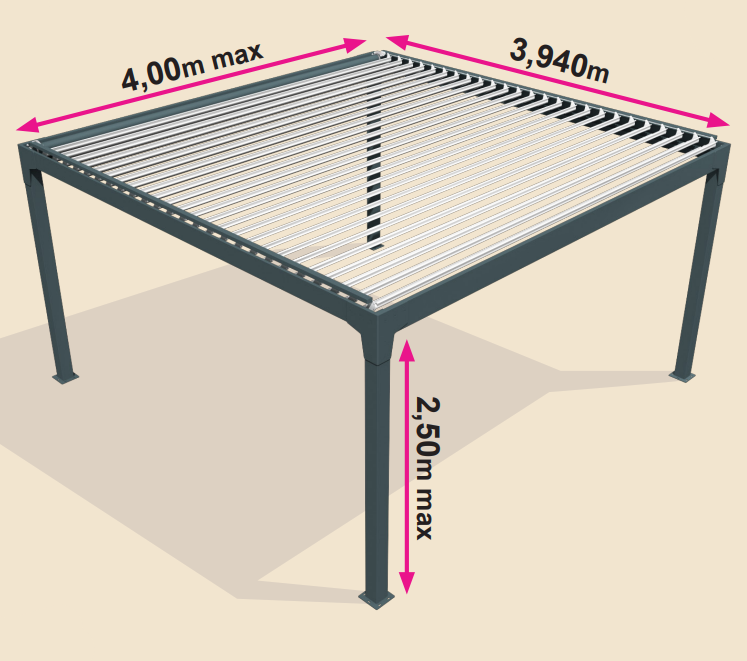 Dimensions de la pergola bioclimatique Priméra Bio autoportée